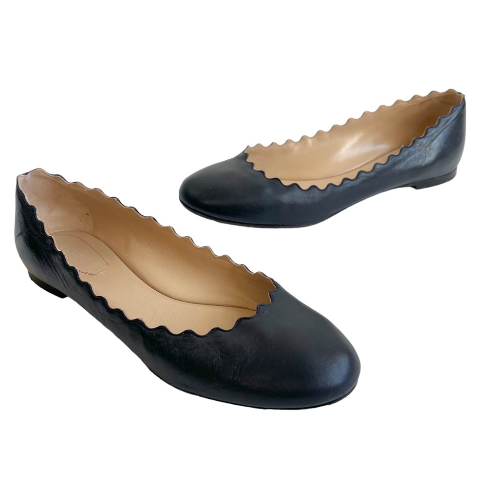 Chloé Lauren Navy Blue Scalloped Leather Ballet Flats